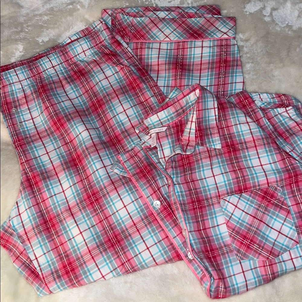 VICTORIA’S SECRET  🛌😴 LK NW COTTON PINK RED BLUE PLAID PAJAMAS Petite XL Short